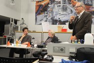 Lesung: 'Sterns Weg' von Thomas Heerman van Voss; Otto Marburger (Kulturgemeinde Bad Berleburg), Autor Thomas Heerman van Voss und Übersetzer Ulrich Faure; Foto: Jens Gesper